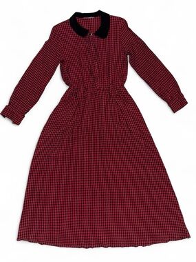 Vintage Gingham Maxi Dress w/ Velvet Collar, Size Med, Cottagecore